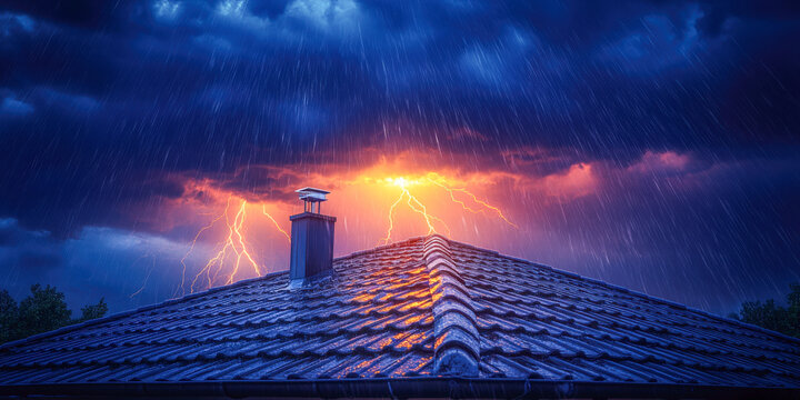 Lightning strikes illuminate stormy sky above roof with lightning rod during summer thunderstorm