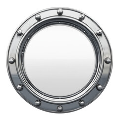 Round metal porthole window isolated on a transparent background. Nautical ship porthole with a reflective glass surface and metallic rivets
