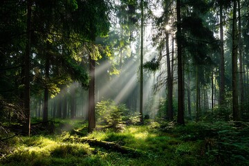 Fototapeta premium Sunbeams filtering through dynamic lush forest design canvas 