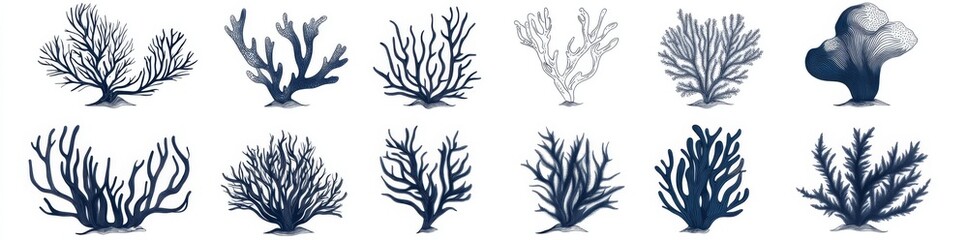 Underwater ecosystems and diverse marine life are creatively showcased in black and white coral illustrations