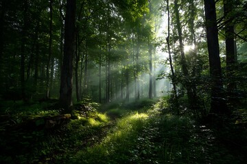 Obraz premium sunbeams in green forest bold artwork canvas 