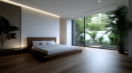 Fototapeta premium Modern bedroom with a tranquil outdoor view