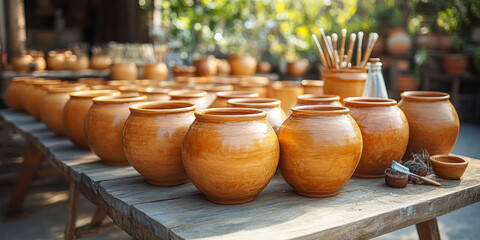 Crafting pottery in the sunshine with vibrant glazes outdoors for a creative hobby project