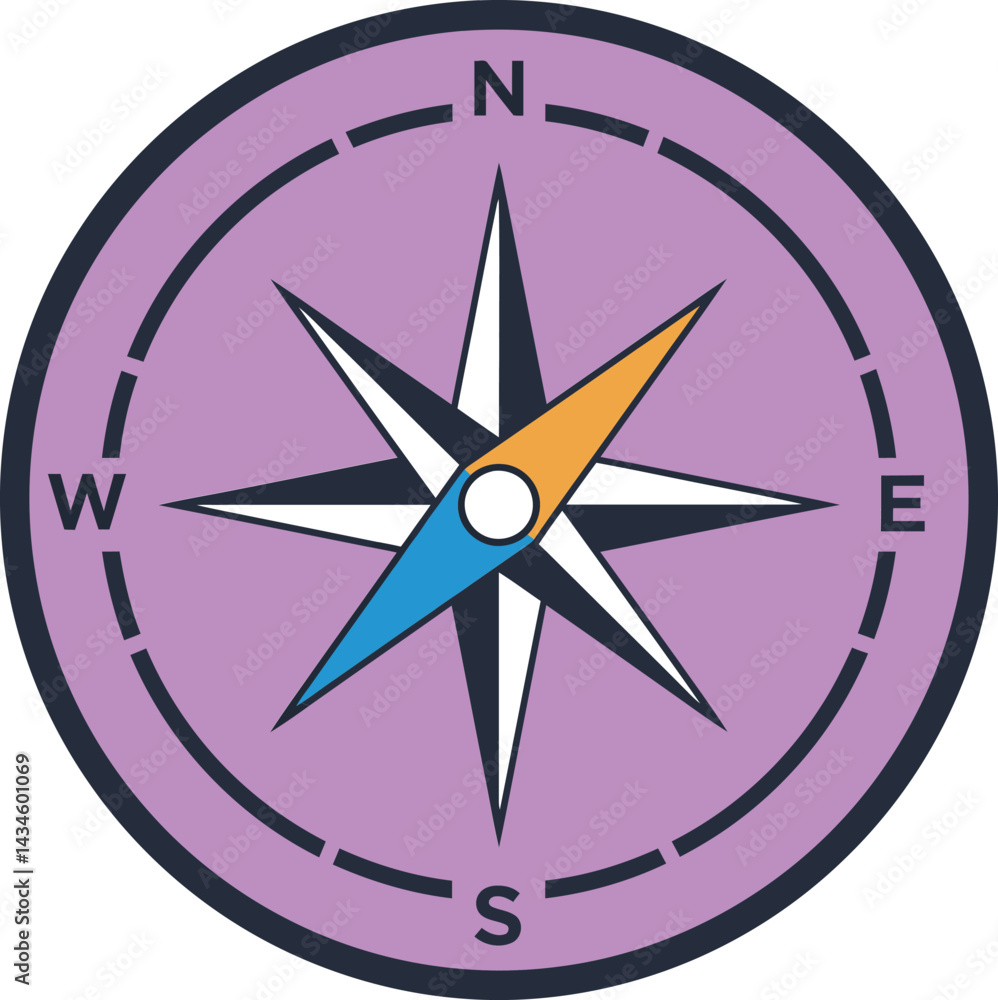 Poster compass rose vector design with purple background and colorful needle for navigation and direction i