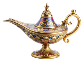 Ornate golden aladdin lamp with intricate details isolated on white background
