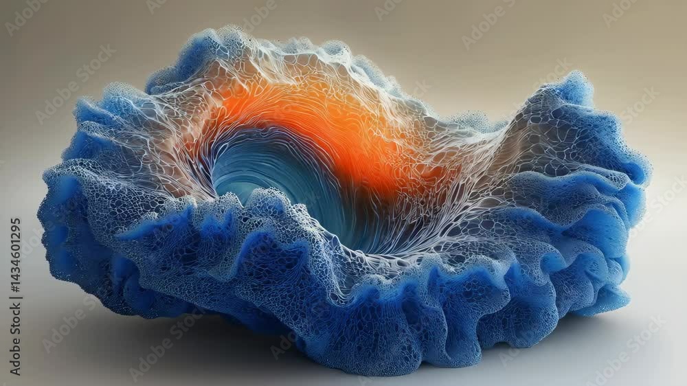 Wall mural a vibrant blue and orange abstract design resembling a textured wave or shell, showcasing intricate 