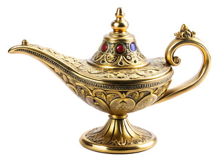 Fototapeta premium Ornate golden aladdin lamp isolated on white background richly decorated