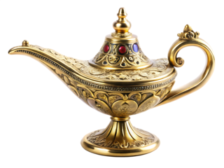 Ornate golden aladdin lamp isolated on white background richly decorated