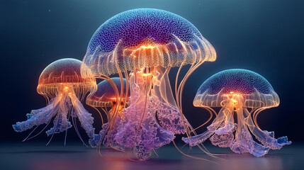 Obraz premium Vibrant Glowing Jellyfish Underwater Scene in Dark Ocean Setting