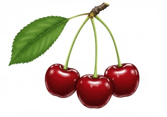 Fresh cherries illustration with leaf isolated on a white background