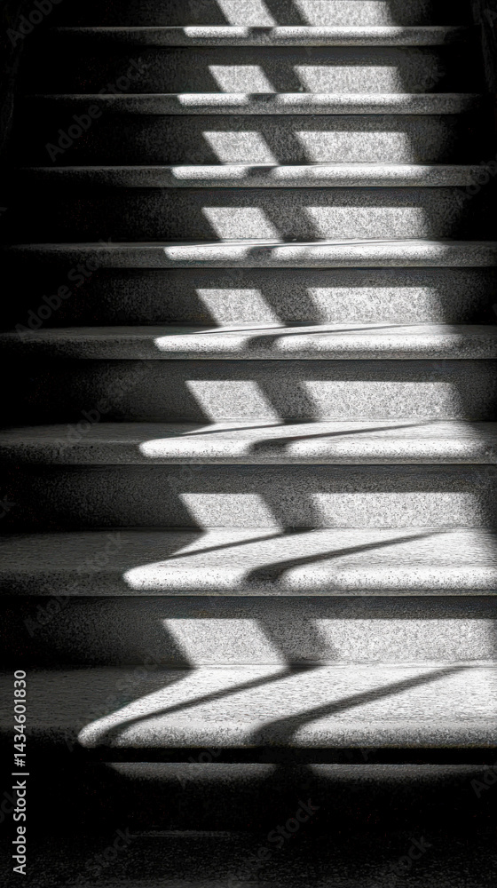 Aufkleber shadow patterns created by railing on steps illustrate abstract design of light and form in a stairc