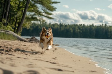 A brown and white dog runs on a sandy beach with a ball in its mouth (1)