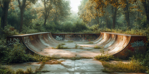 Fototapeta premium Overgrown skateboard park surrounded by lush urban nature in a forgotten tropical corner
