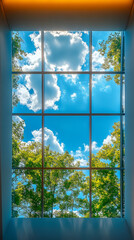 Fototapeta premium Skylight Reflection captures bright summer sky with lush green trees during a sunny afternoon