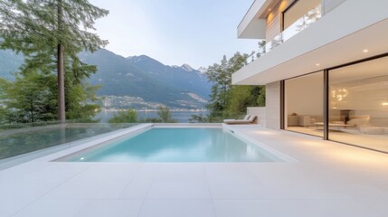 Fototapeta premium Modern luxury home with stunning mountain and lake views. Outdoor pool area with white deck and glass railings