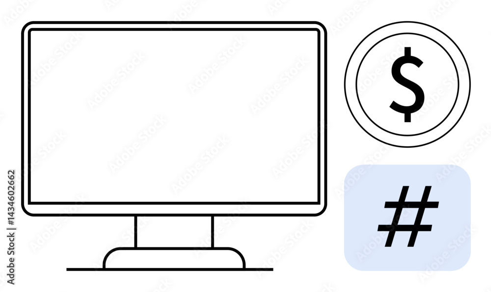 Poster minimalist computer monitor with a dollar sign and metadata tag symbol, symbolizing technology, fina