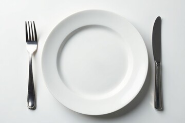 Close-up of empty plate, fork, and glass on white , food, nutrition