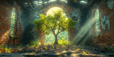 Tree thrives inside abandoned urban building highlighting nature's resilience in forgotten spaces