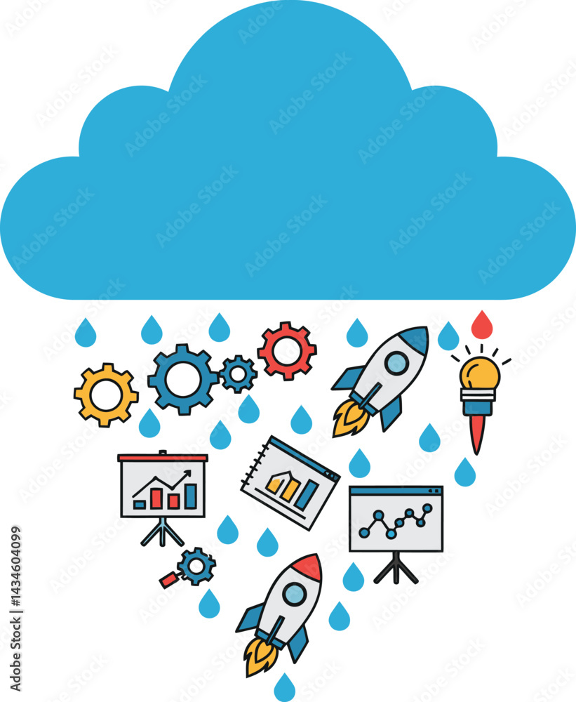 Poster cloud computing concept with rain of rockets gears charts and light bulb vector illustration for bus