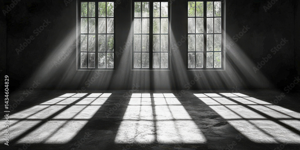 Poster shadow patterns created by window frames with light streaming through in a serene indoor space