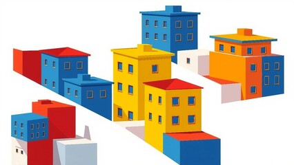 Obraz premium Bunte geometrische Häuser in kräftigen Farben und unterschiedlichen Höhen, modern und minimalistisch vor weißem Hintergrund, ideal für Architektur- oder Designprojekte.