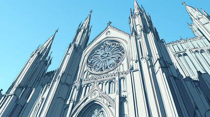 Low-angle view of a majestic, pale stone cathedral with intricate gothic architecture, a large rose window, and soaring spires against a clear blue sky. Pale Spire. Illustration