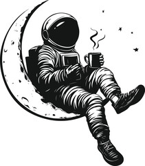 Naklejka premium Relaxed Astronaut Sitting on Crescent Moon with Coffee – Space Humor Silhouette