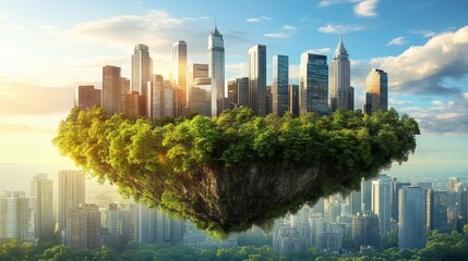 Obraz premium The city of the future is portrayed as a fantastical realm where towering skyscrapers float above a thriving island, symbolizing the perfect blend of architectural innovation and natural surroundings