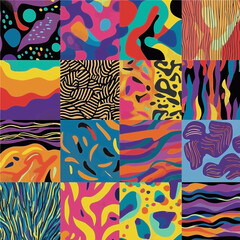 90's Collection of seamless patterns | Set of abstract vivid vector graphics in retro vintage style for apparel | Flyer. poster, banner elements