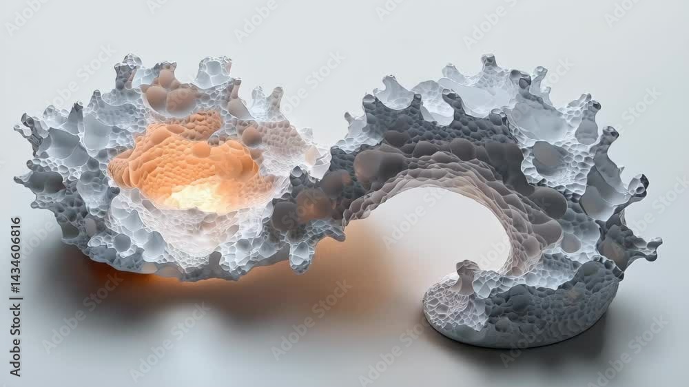 Wall mural abstract 3d organic shapes with intricate textures and glowing elements on a soft background.