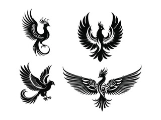 Fototapeta premium Stylized Phoenix Tattoo Art Collection Black Ink Vector Firebird Illustrations for Artists on the Isolated White Background