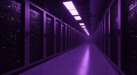 Fototapeta premium Purple Lit Corridor in Modern Data Center