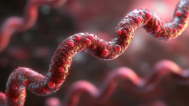 Detailed close-up rendering of a spiral-shaped bacterium with raised nodules, medical illustration