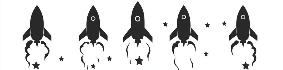 Fototapeta premium A range of rocket designs launch into the great expanse of space, set against a stunning vista of stars and clouds of smoke