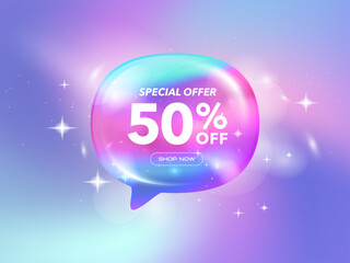 Gradient speech bubble icon with 50 percent discount offer tag. Sale price promo sign. Special offer symbol. Discount chat offer.
