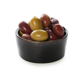 Delicious marinated olives in bowl isolated on white
