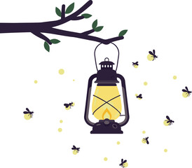 Hanging lantern glowing with fireflies on tree branch nature evening light vector illustration 