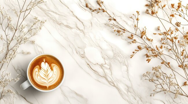 Aromatic latte art on a marble surface, adorned with dried flowers