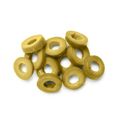 Cut fresh green olive rings isolated on white, top view