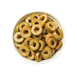 Marinated green olive rings in bowl isolated on white, top view