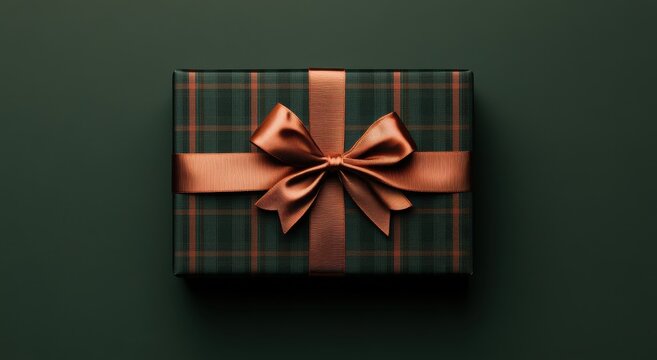 A gift wrapped in dark green plaid paper with a copper-colored satin ribbon bow
