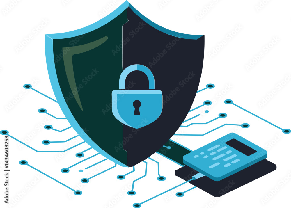 Poster shield with lock and calculator depicting cybersecurity and data protection concept in digital techn