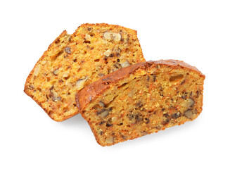 Pieces of homemade carrot cake with nuts isolated on white, top view