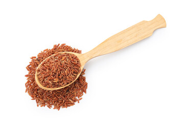 Raw brown rice and spoon isolated on white, top view