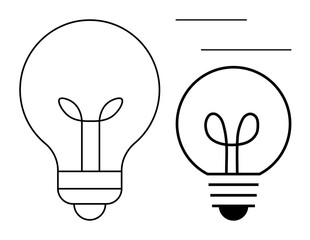 Two minimalistic light bulb outlines in simple black line art. Ideal for creativity, innovation, energy, ideas, technology concepts, brainstorming, education, and flat simple metaphor