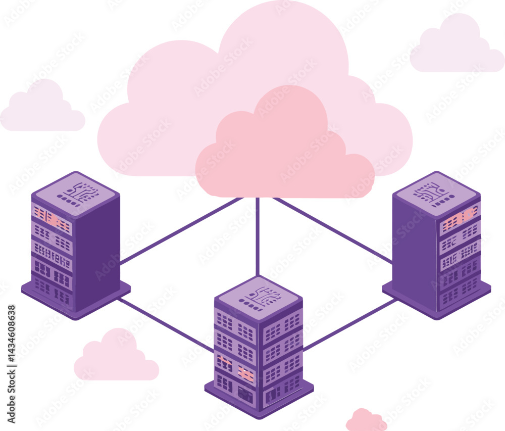 Poster cloud computing network with connected server towers in purple and pink colors digital technology ve