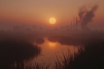 Sunrise over a foggy marsh with industrial pollution
