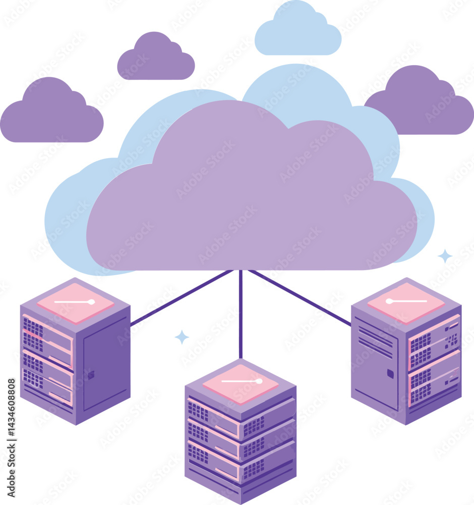 Poster cloud computing concept with purple clouds and connected servers network vector illustration