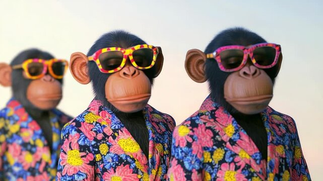 Three chimpanzees wearing sunglasses and floral shirts stand together in a comedic formation against a light background.