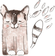 Funny cat dreaming about fish, oil pastel illustration